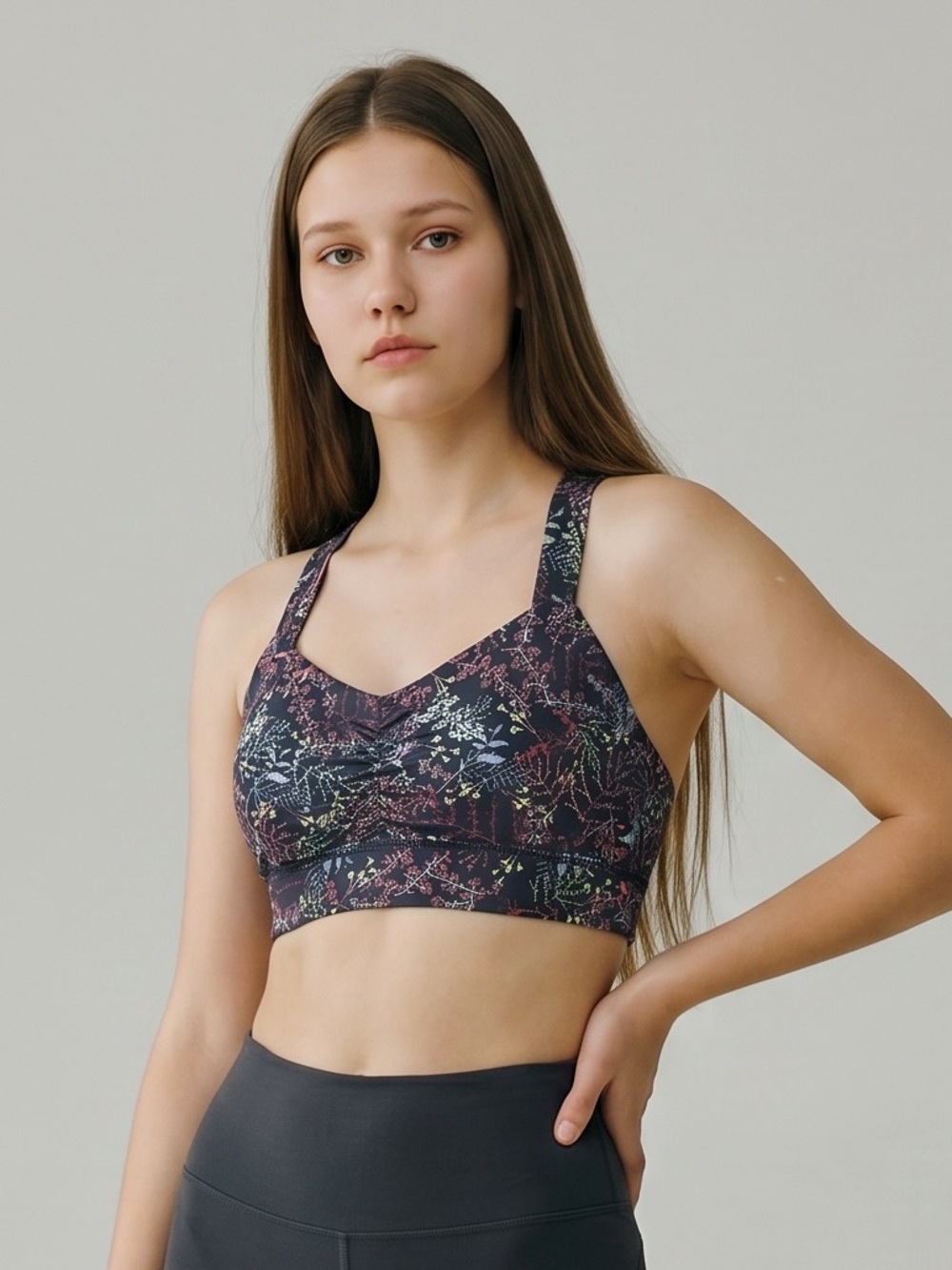 Crane Sports Bra‎ XL Black Floral Racerback Medium Support Stretch Athletic